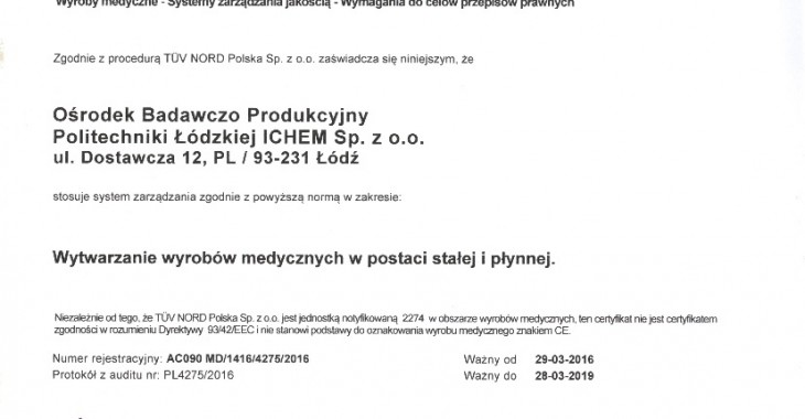 ICHEM otrzymał Certyfikat ISO 13485